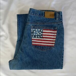 Tommy Hilfiger 90’s Blue Denim Jeans with American Flag Pocket Oversized 16